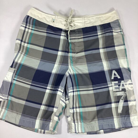 American Eagle Mens Board Swim Shorts Blue Plaid Trunks Size 34 - Picture 1 of 7